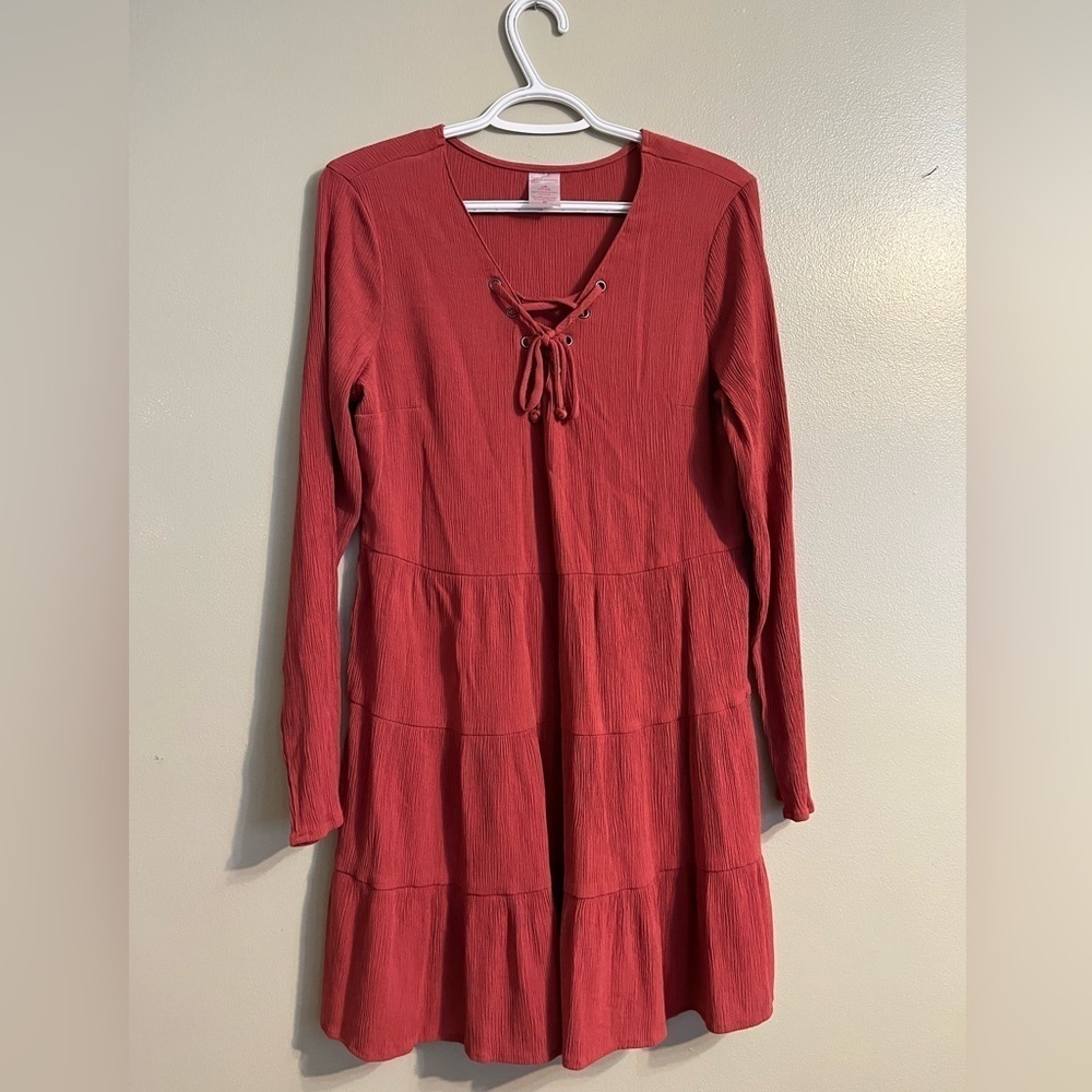 No Boundaries Womens Youth Tiered Long Sleeves Textured Rayon Dress Sz 11/13
